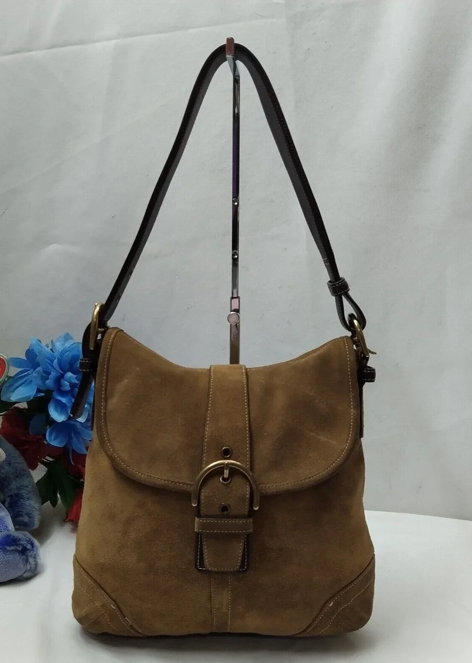 Coach Brown Suede Leather Trim Buckle Flap Closure Crossbody Shoulder Strap -VTG